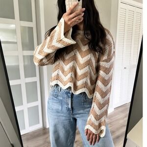 Sweet Envy Chevron Knit Sweater Beige Cream Colorblock Lightweight Boho L